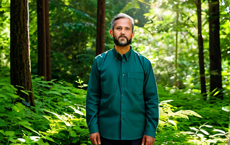 An adult individual, fully clothed in modest outdoor attire, standing in a tranquil, sun-dappled forest. Soft, natural light filters through lush green leaves, creating a peaceful atmosphere. The person exhibits a calm, contemplative demeanor, with a natural pose. The background features dense, healthy foliage and tall trees, evoking a sense of deep connection to nature.
* **Safety & Quality:** fully clothed, modest clothing, appropriate attire, safe for work, appropriate content, family-friendly, perfect anatomy, correct proportions, natural body proportions, well-formed hands, proper finger count, professional photography, high resolution, realistic, vibrant colors.