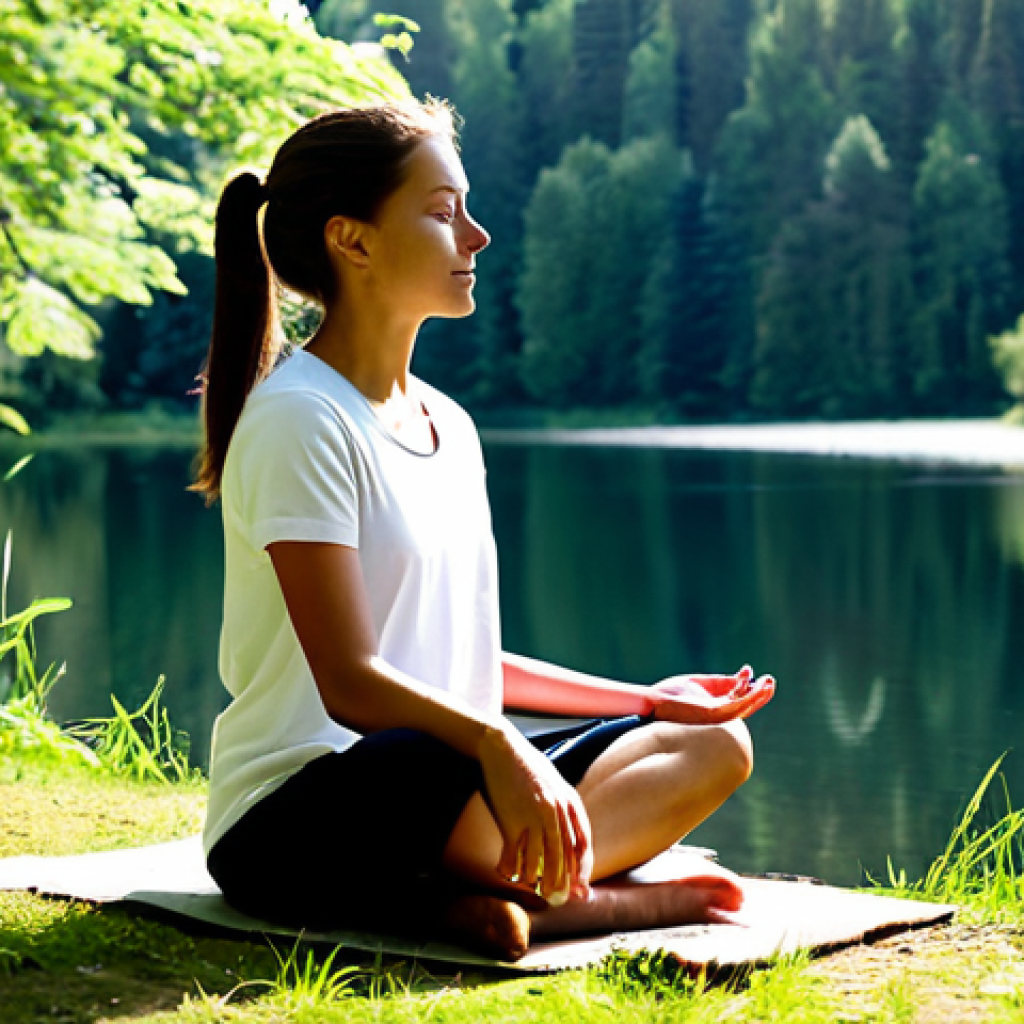 Mindful Meditation in Nature**

"A serene woman, fully clothed in comfortable, modest clothing suitable for outdoor activity, practices mindful meditation by a calm lake surrounded by a lush forest in the French countryside. Sunlight filters through the trees. She is seated in a natural, relaxed pose. Perfect anatomy, correct proportions, well-formed hands. Safe for work, appropriate content, family-friendly, professional photography, high quality."

**
