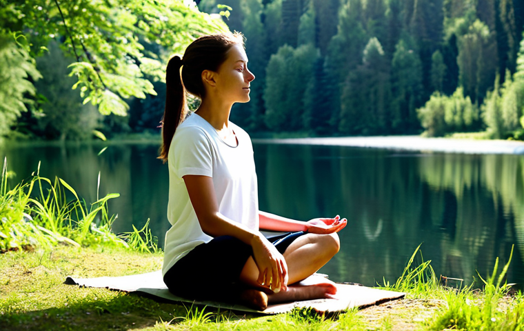 Mindful Meditation in Nature**
"A serene woman, fully clothed in comfortable, modest clothing suitable for outdoor activity, practices mindful meditation by a calm lake surrounded by a lush forest in the French countryside. Sunlight filters through the trees. She is seated in a natural, relaxed pose. Perfect anatomy, correct proportions, well-formed hands. Safe for work, appropriate content, family-friendly, professional photography, high quality."
**