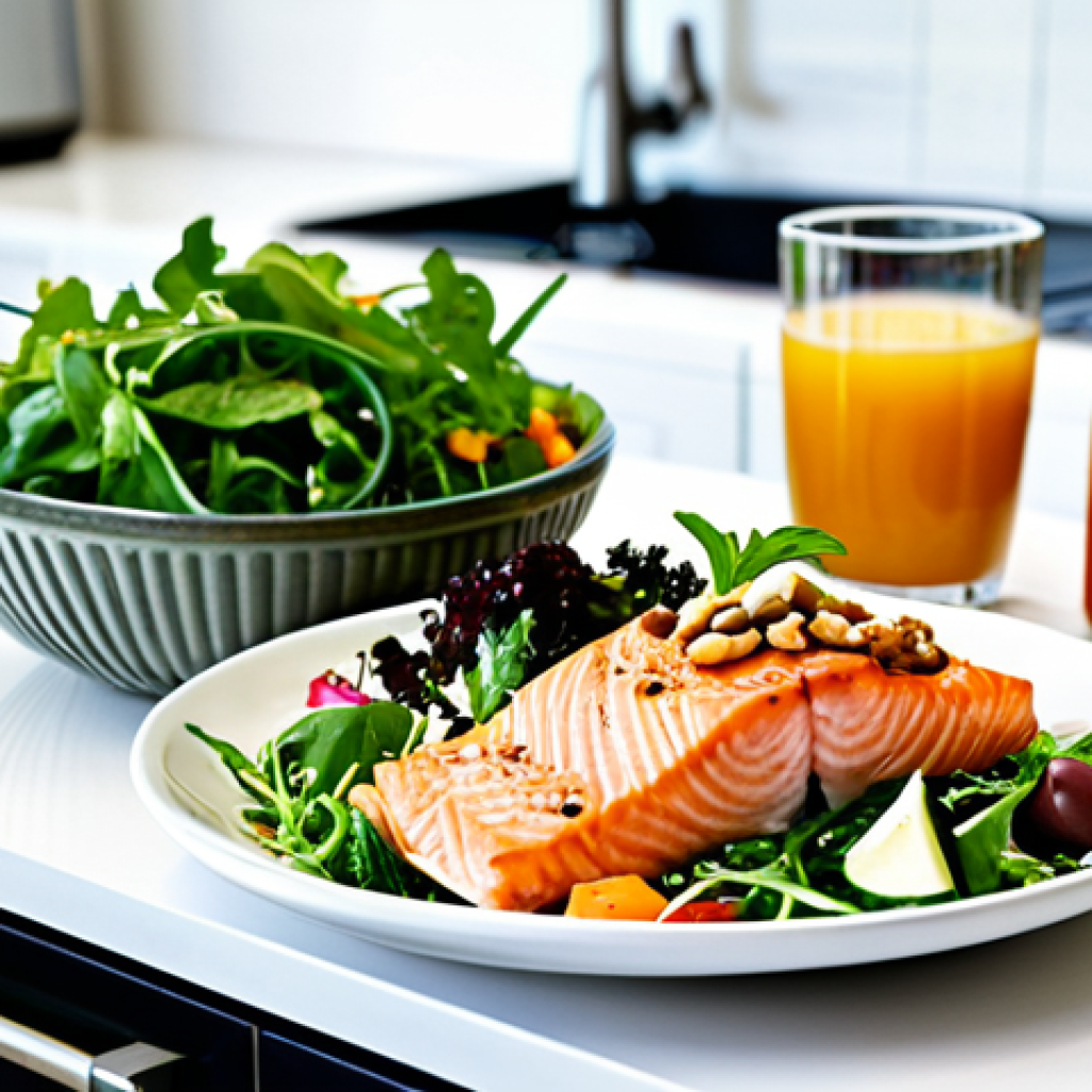 Healthy Meal**

"A table set for lunch in a bright, modern kitchen. A bowl of salmon salad with mixed greens, nuts, and colorful vegetables is the centerpiece. Drinks include water and juice. The scene showcases healthy eating habits. Safe for work, appropriate content, fully clothed family, professional food photography, perfect anatomy, natural proportions, modest clothing."

**