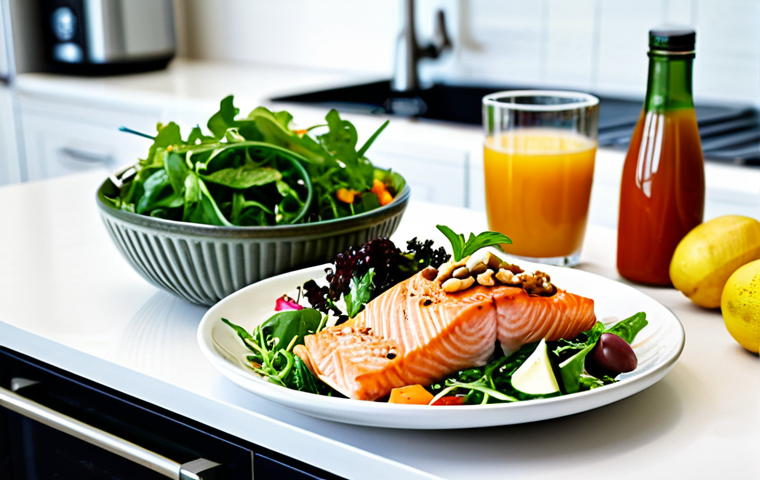 Healthy Meal**
"A table set for lunch in a bright, modern kitchen. A bowl of salmon salad with mixed greens, nuts, and colorful vegetables is the centerpiece. Drinks include water and juice. The scene showcases healthy eating habits. Safe for work, appropriate content, fully clothed family, professional food photography, perfect anatomy, natural proportions, modest clothing."
**