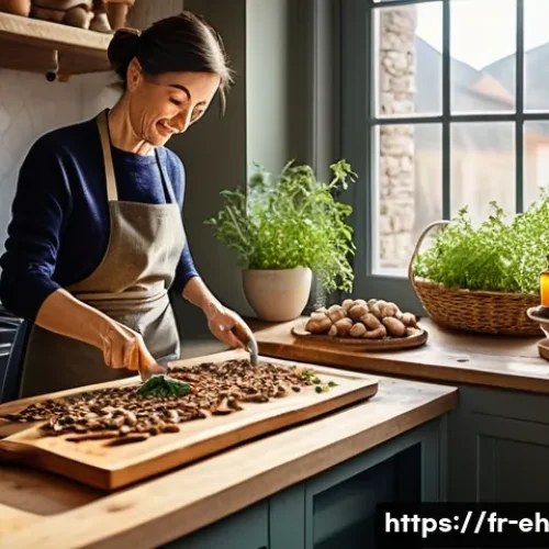 Home 26 버섯과 뇌 건강의 관계 - A vibrant kitchen scene in a modern French apartment, featuring a middle-aged woman wearing a cozy s...
