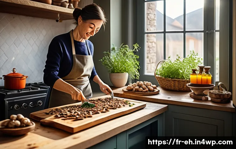 버섯과 뇌 건강의 관계 - A vibrant kitchen scene in a modern French apartment, featuring a middle-aged woman wearing a cozy s...