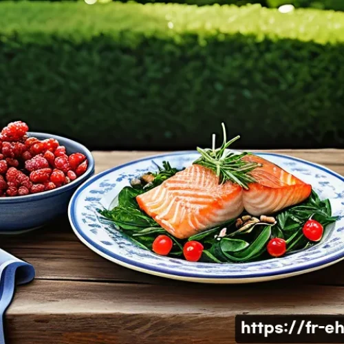 Home 13 뇌 건강을 위한 적정 체중 유지 방법 - A vibrant and detailed illustration of a balanced French meal focused on brain health: a rustic wood...