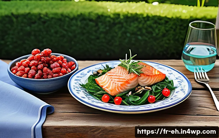 뇌 건강을 위한 적정 체중 유지 방법 - A vibrant and detailed illustration of a balanced French meal focused on brain health: a rustic wood...