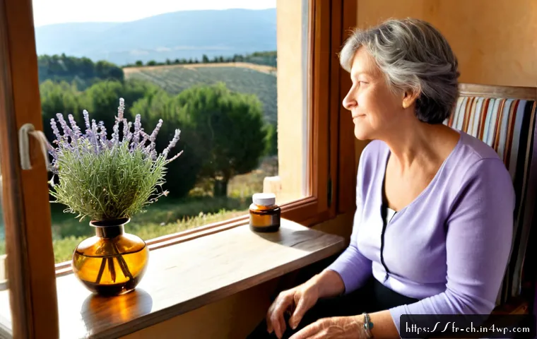 Home 17 뇌 건강 증진을 위한 아로마테라피 - Photorealistic peaceful French home wellness scene, an older woman relaxing in a sunlit armchair bes...