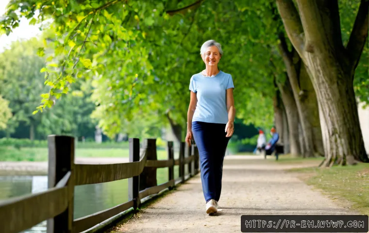 운동이 뇌 건강에 미치는 영향 - Photorealistic active French woman in her early 60s briskly walking along a peaceful tree-lined rive...