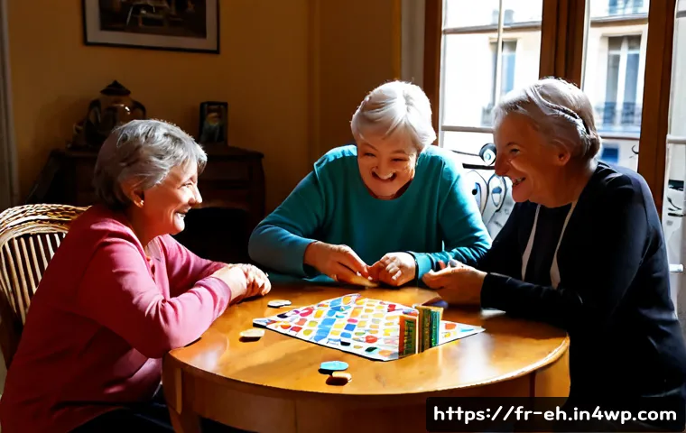 Home 17 가족과 함께하는 뇌 건강 증진 활동 - Photorealistic French family of three generations playing a colorful wooden memory matching game aro...